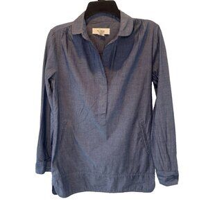 Womens Blue Chambray Long Sleeve Tunic Top XS Coastal Minimalist Capsule Travel